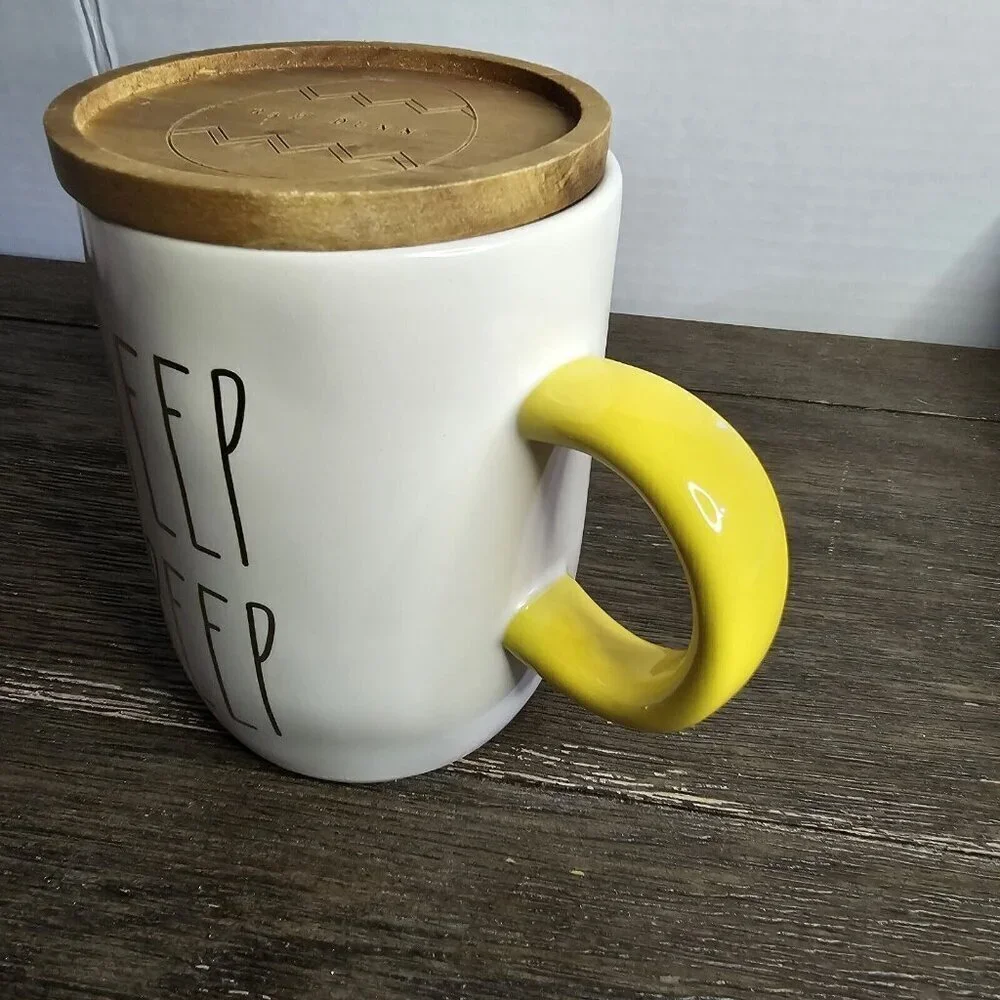 Rae Dunn Artisan Peep Peep Tall Easter Mug Gold Yellow Handle Wood Top 2021